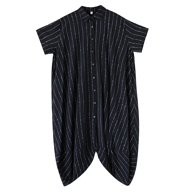 XITAO Loose Irregular Striped Dress Casual Short Sleeve Single Breasted Women Summer Turn-down Collar Shirt Dress ZMY1171
