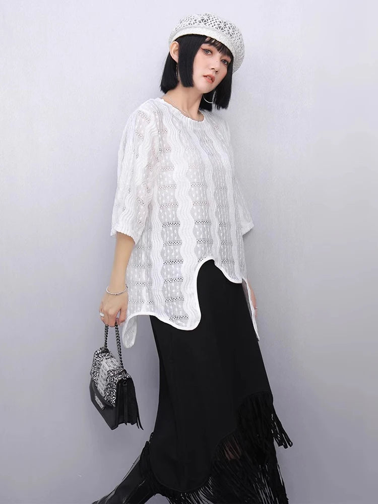 XITAO Irregular Hollow Out Embroidery T-shirt O-neck Half Sleeve Loose Temperament All-match Summer Woman T-shirt HQQ2488