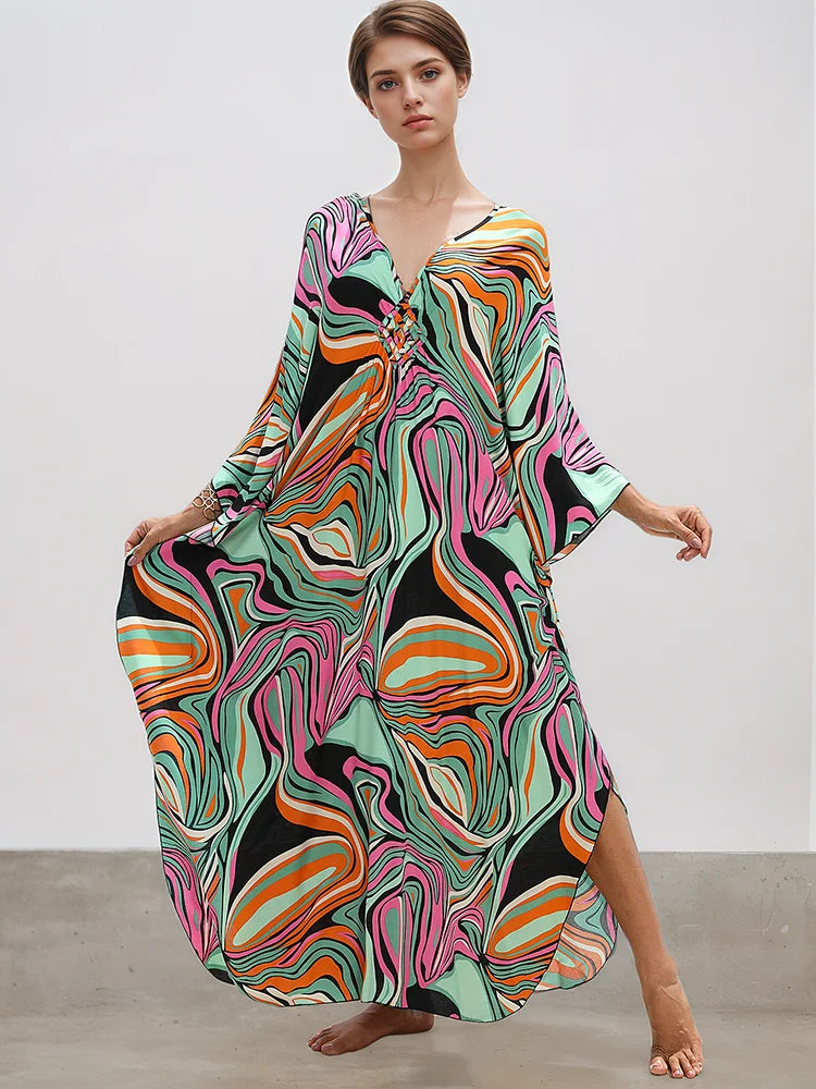 XITAO Vintage Print Contrast Color Dress V-neck Bat Wing Sleeve Loose Slimming Temperament Fashion Summer Woman Dress GJ1196