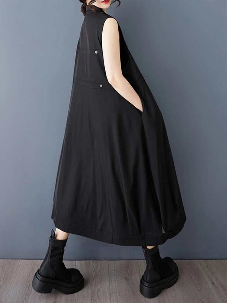 XITAO Single Breasted Sleeveless Dress Turn-down Collar Casual New Arrival Button Ribbon New Arrival Summer Women Dress ZMY1046