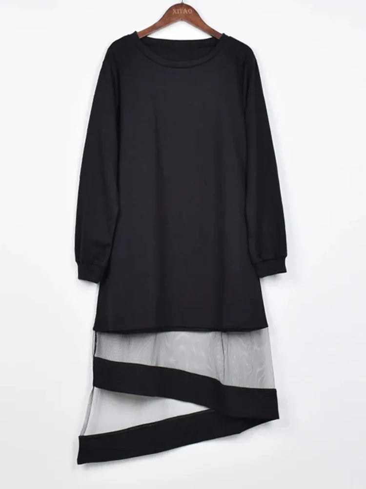 XITAO Pleated Hem Dress Irregular Pullover Full Sleeve Black Patchwork Summer Pleated Goddess Fan Casual Dress WS2043