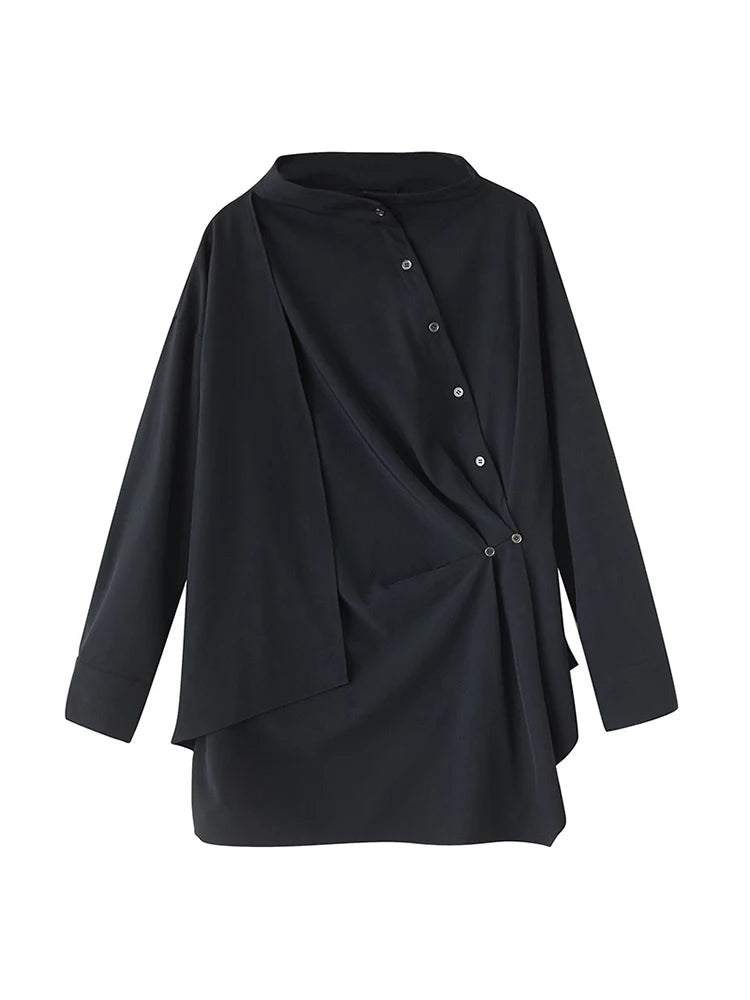 XITAO Button Half High Collar Vintage Blouse Irregular Solid Color Fashion Slimming All-match Loose Casual Female Shirts ZMY1406
