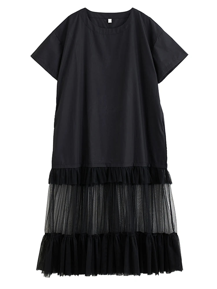 XITAO Gauze Patchwork Loose Female Dress O-neck Short Sleeve Casual Simple Slimming Temperament Summer Woman Dress HQQ2496