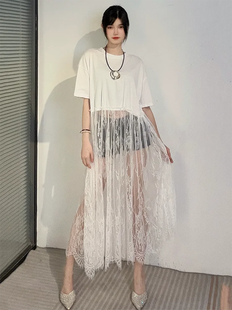 XITAO Patchwork Lace Perspective Pullover Dress Solid Color O-neck Short Sleeve Loose Casual Temperament Women Dress ZMY1245