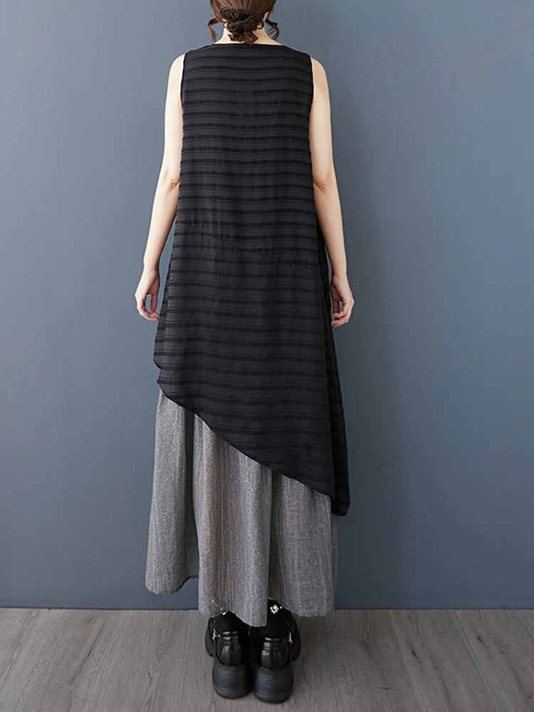 XITAO Asymmetrical Patchwork O-neck Female Dress Casual A-line Sleeveless Loose Fitting Slimming Summer Women Dress ZMY1196
