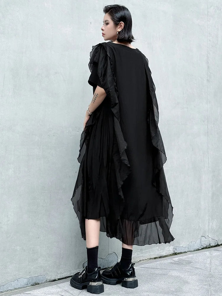 XITAO Irregular Patchwork Ruffles Mesh Dress Solid Color O-neck Loose Casual Temperament Personality Summer Woman Dress ZMY1270