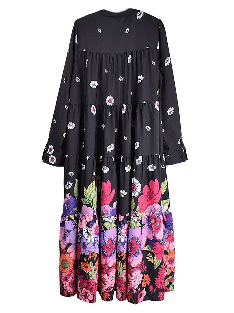 XITAO Vintage Print Dress Contrast Color Fold Patchwork Women Summer New Loose Fashion Stand Collar Simplicity Dress WMD3398