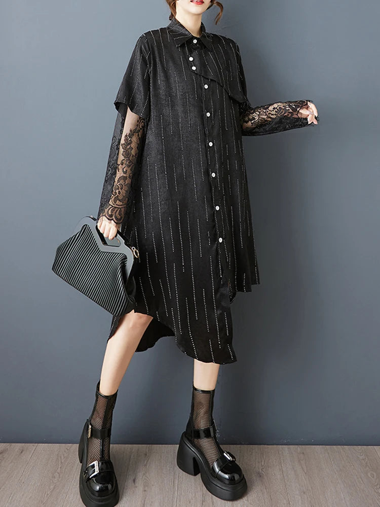 XITAO Lace Patchwork Asymmetrical Dress Single Breasted Turn-down Collar Long Sleeve Side Split Casual Temperament Dress ZMY1322