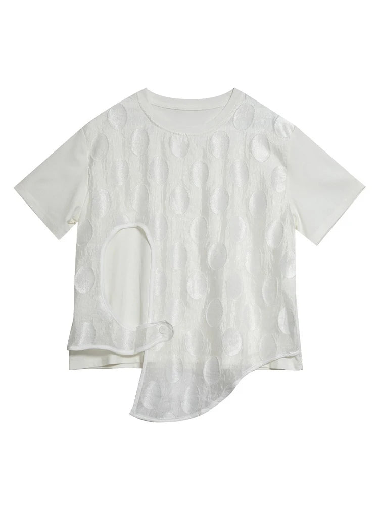 XITAO Hollow Out Asymmetrical Button T-Shirts Gauze Patchwork Pullover Solid Color Short Sleeve Loose Casual Women Top ZMY1163