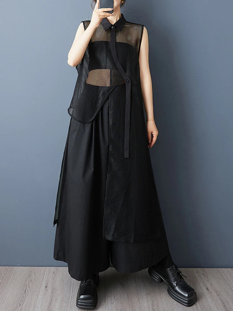 XITAO Irregular Hollow Out Sleeveless Shirt Turn-down Collar Solid Color All-match Vintage Loose Summer Woman Shirt ZMY1231