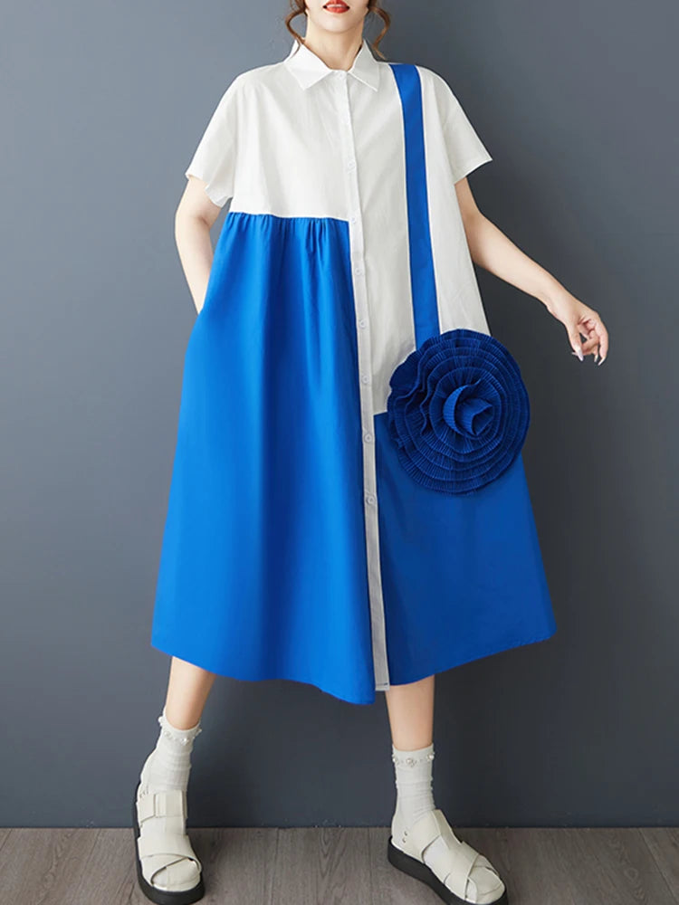XITAO Patchwork Contrast Color Women Dress Casual Turn-down Collar Sweet Short Sleeve Temperament Summer Female Dress ZMY1361