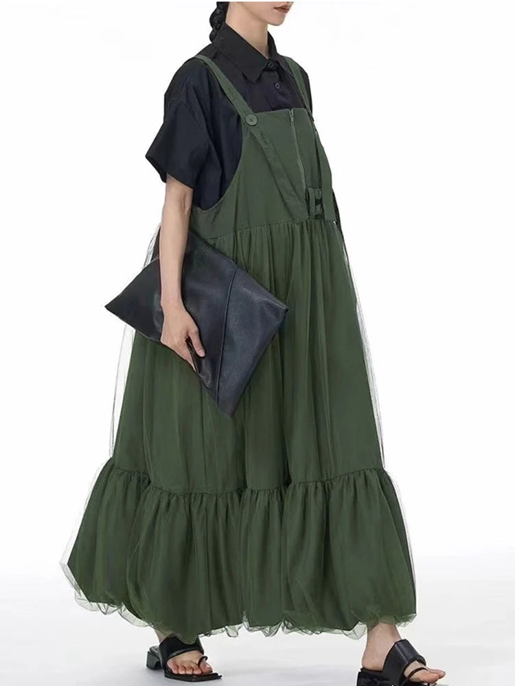 XITAO Button Gauze Patchwork Dress Solid Color Spaghetti Strap Square Collar Temperament Slimming Summer Woman Dress HQQ2495