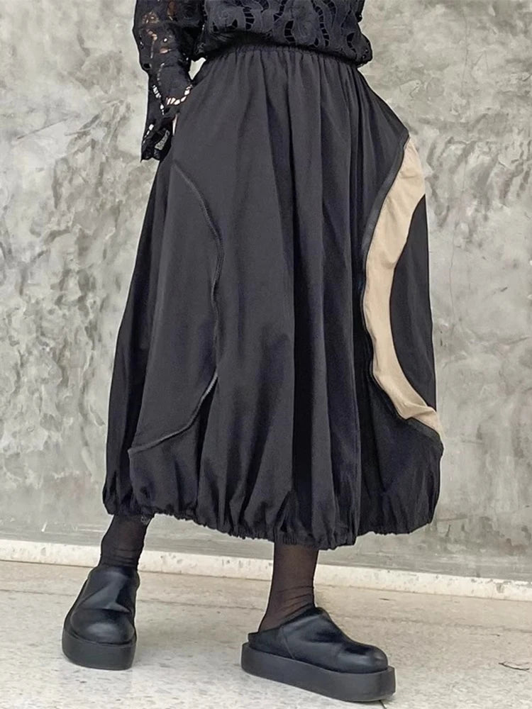XITAO Contrast Color Patchwork Zipper Skirt Elastic Waist Shirring Loose A-line All Match Slimming Personality Skirt ZMY1180