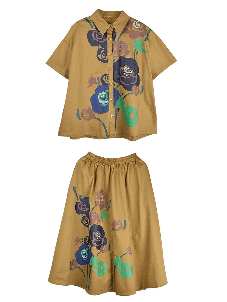 XITAO Print Flower Single Breasted Skirt Set Casual Loose Short Sleeve Turn-down Collar A-line Vintage Spring Women Set GYX1601