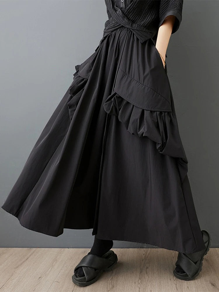 XITAO Patchwork Edible Tree Fungus Skirts Pocket Solid Color Elastic Waist A-line Loose Temperament Woman Skirts ZMY1252