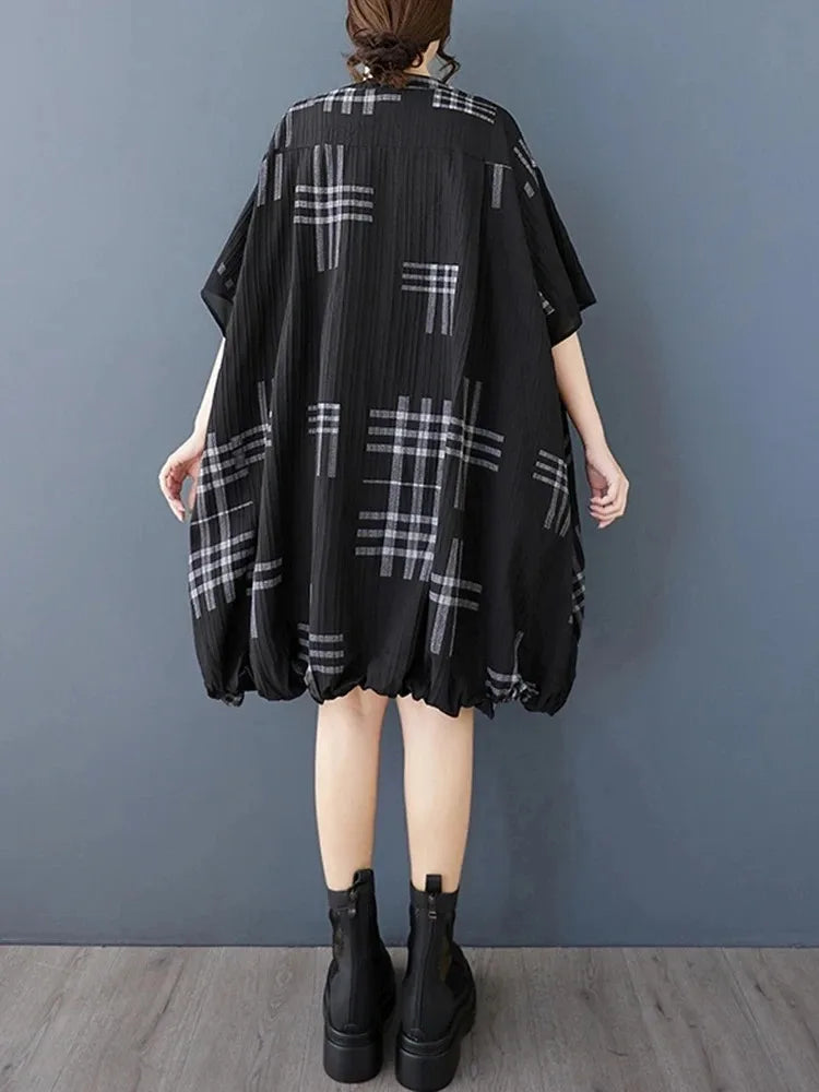 XITAO Striped Print Patchwork Contrast Color Loose Dress V-neck Short Sleeve Loose Vintage Knee-length Shirt Dress ZMY1172