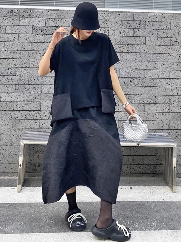 XITAO Pocket O-neck Half Sleeve T-shirt Casual Loose Fitting Leisure Contrast Color Fashion Simple Spring Women T-shirt GYX1568