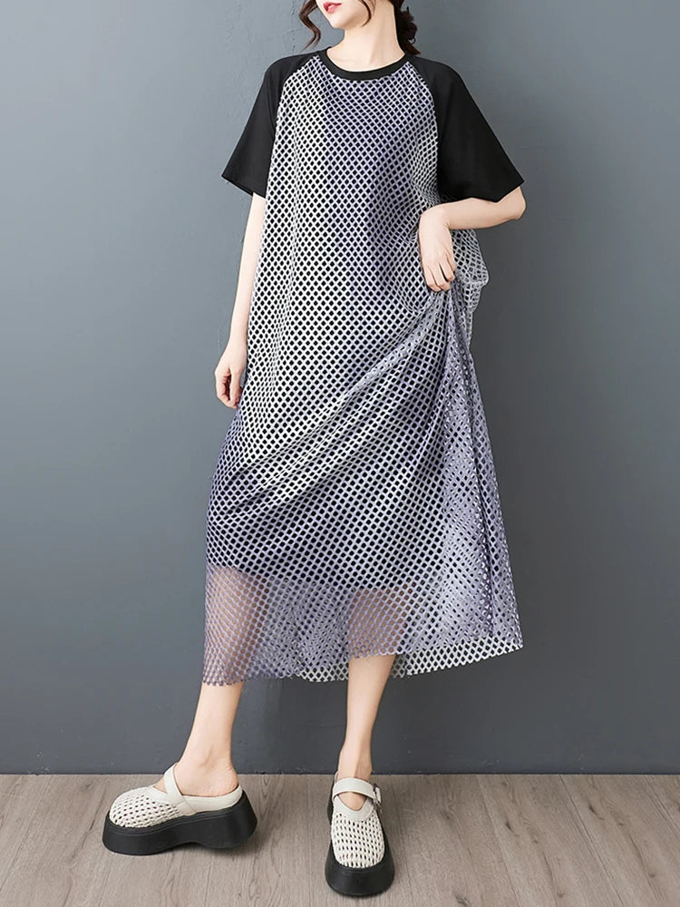 XITAO Patchwork Contrast Color Female Dress Mesh Hollow Out O-neck Short Sleeve Temperament Loose Summer Woman Dress ZMY1258