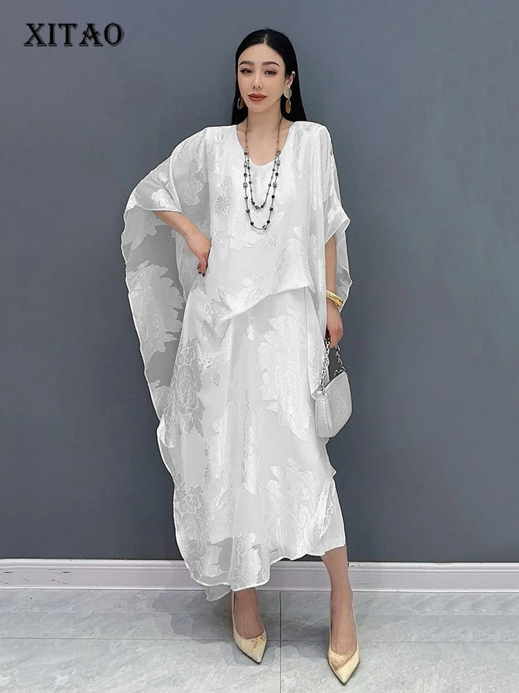XITAO Jacquard Asymmetrical Folds Pullover Dress Solid Color O-neck Loose Temperament All Match Slimming Casual Dress ZMY1178