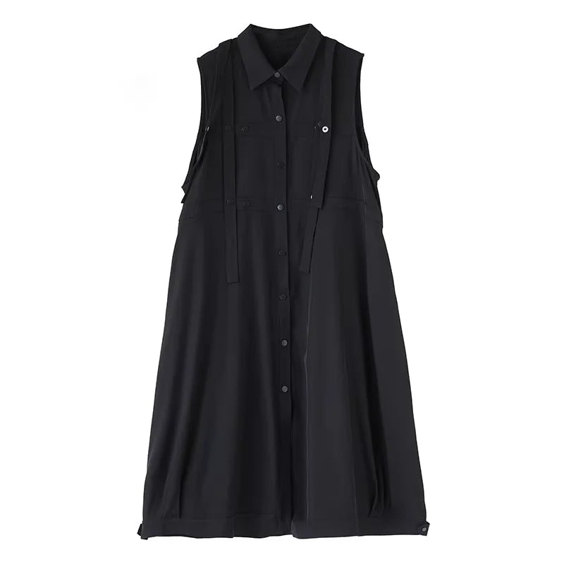 XITAO Single Breasted Turn-down Collar Dress Casual Solid Color Sleeveless A-line Fashion Ribbon Summer Women Dress HQQ2479