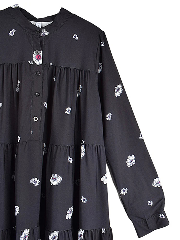 XITAO Vintage Print Dress Contrast Color Fold Patchwork Women Summer New Loose Fashion Stand Collar Simplicity Dress WMD3398