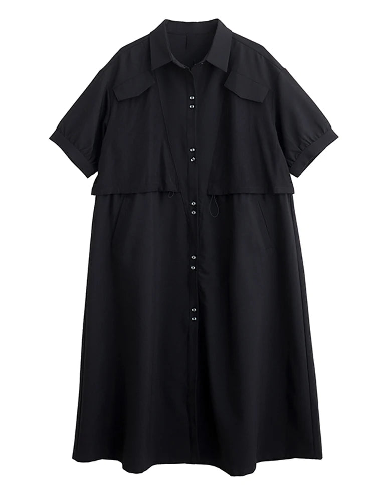 XITAO Drawstring Solid Color Dress Turn-down Collar Short Sleeve Slimming Patchwork Pocket Casual Summer Woman Dress ZMY1402