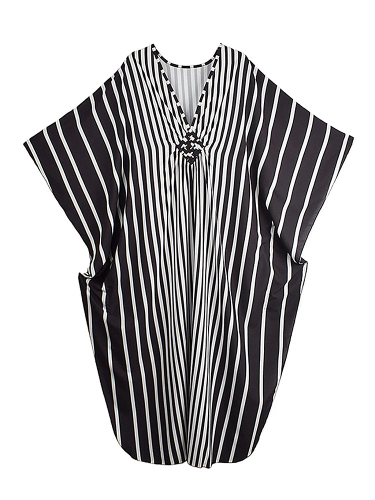 XITAO Stripe Print V-neck Dress Batwing Sleeve A-line Full Sleeve Personality Pullover Fashion Goddess Summer Women Dress GJ1151