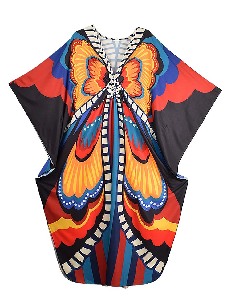 XITAO Pullover V-neck Loose Dress Butterfly Print Side Slit Bat Wing Sleeve Personality Loose Casual Summer Woman Dress GJ1154