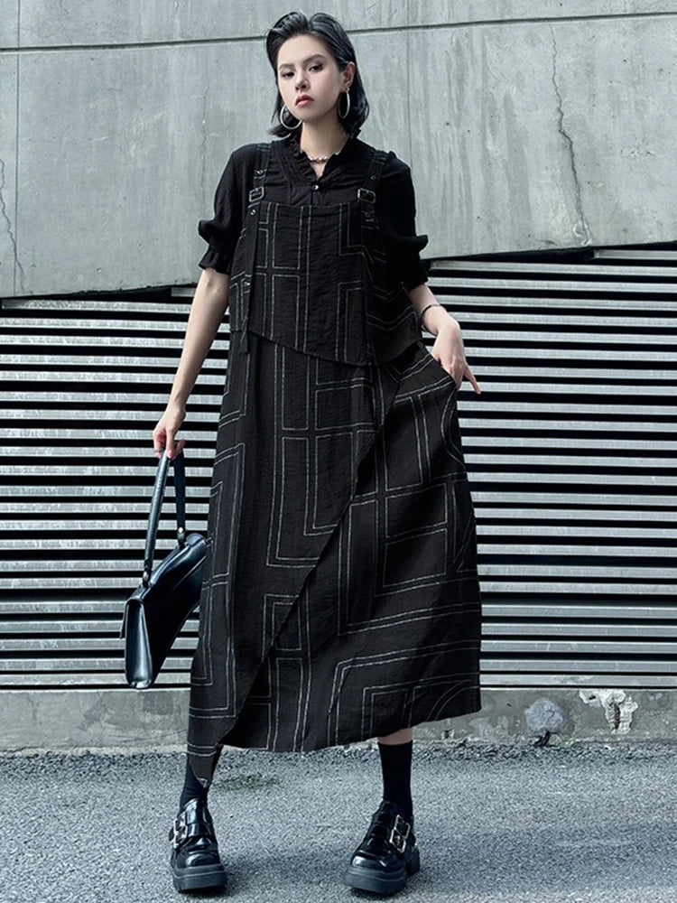 XITAO Patchwork Geometric Loose Strap Dress Sleeveless Casual Square Collar Simple All-match Slimming Summer Woman Dress HQQ2492