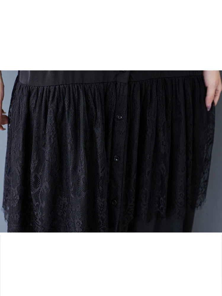 XITAO Lace Patchwork Turn-down Collar Dress Casual A-line Single Breasted Loose Fitting Hong Kong New Summer Women Dress HQQ2484