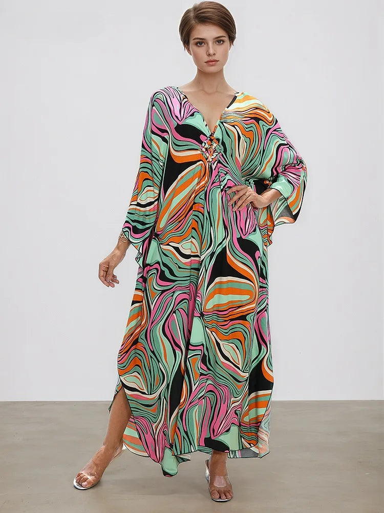 XITAO Vintage Print Contrast Color Dress V-neck Bat Wing Sleeve Loose Slimming Temperament Fashion Summer Woman Dress GJ1196
