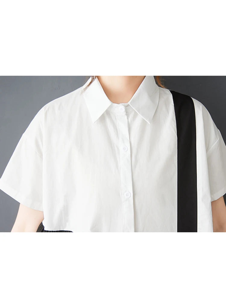 XITAO Patchwork Contrast Color Women Dress Casual Turn-down Collar Sweet Short Sleeve Temperament Summer Female Dress ZMY1361