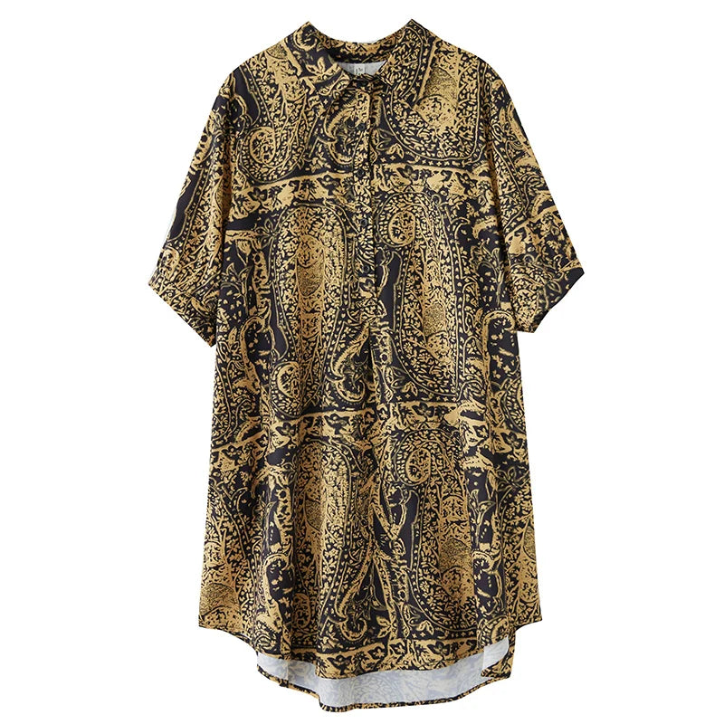 XITAO Print Turn-down Collar Single Breasted Dress Loose Fitting A-line Korea Casual Slimming Summer Women Dress ZMY1149