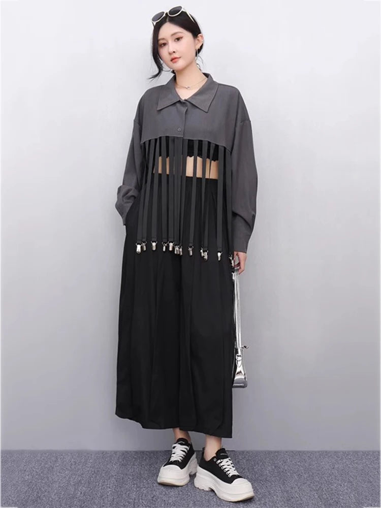 XITAO Patchwork Tassels Lapel Single Breasted Shirt Casual Loose Fitting Full Sleeve New Summer Personality Shirt GYX1619