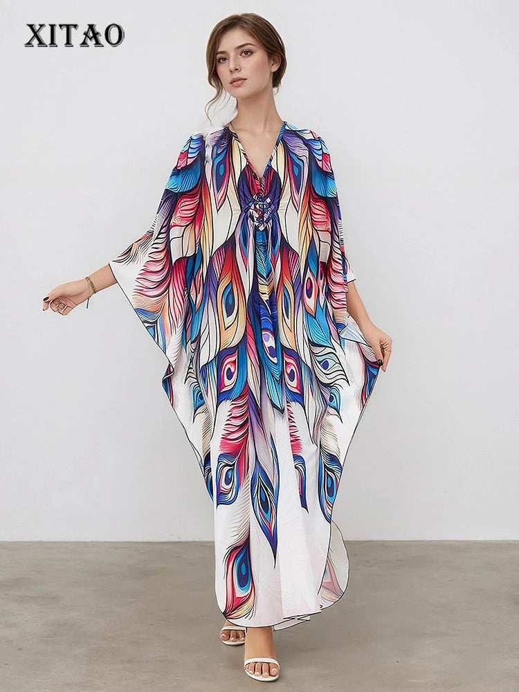 XITAO Bat Wing Sleeve Loose V-neck Dress Peacock Print Pullover Contrast Color Vintage Slimming Summer Woman Dress GJ1156