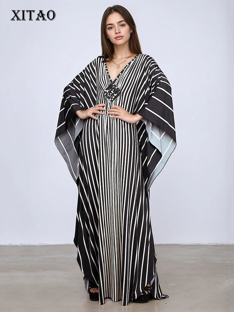 XITAO Stripe Print V-neck Dress Batwing Sleeve A-line Full Sleeve Personality Pullover Fashion Goddess Summer Women Dress GJ1151