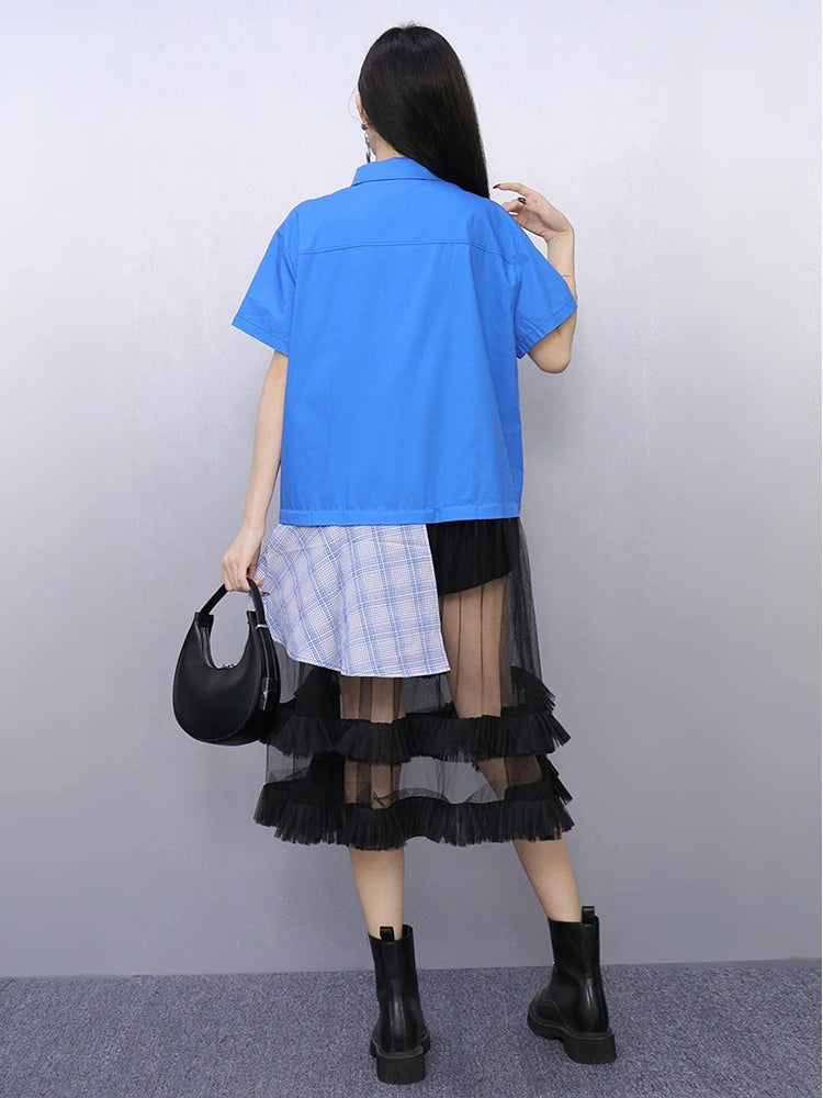XITAO Gauze Irregular Contrast Color Dress Patchwork Turn-down Collar Single Breasted Casual Loose Summer Woman Dress ZMY1395
