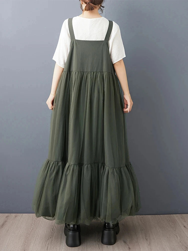 XITAO Gauze Pleated Bandage Strap Dress Sleeveless Solid Color Loose Casual Patchwork Personality Summer Woman Dress HQQ2497