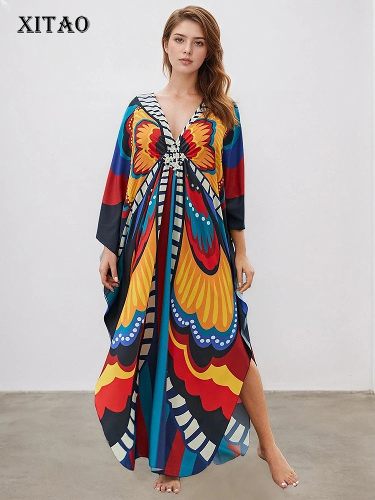 XITAO Pullover V-neck Loose Dress Butterfly Print Side Slit Bat Wing Sleeve Personality Loose Casual Summer Woman Dress GJ1154