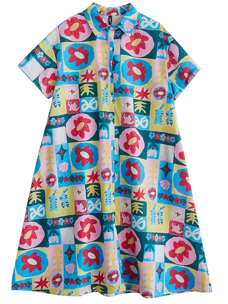 XITAO Print Flower Single Breasted Dress Turn-down Collar Casual New Korea Fashion A-line Short Sleeve Women Dress ZMY1133