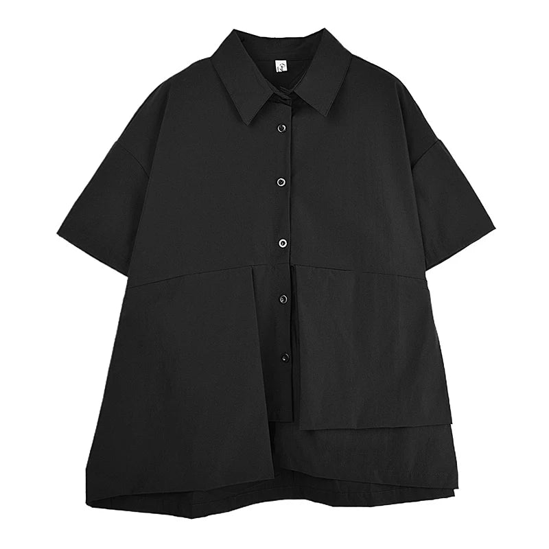 XITAO Single Breasted Loose Blouse Short Sleeve Casual Solid Color Asymmetrical Lapel Personality Summer Woman Shirts ZMY1221