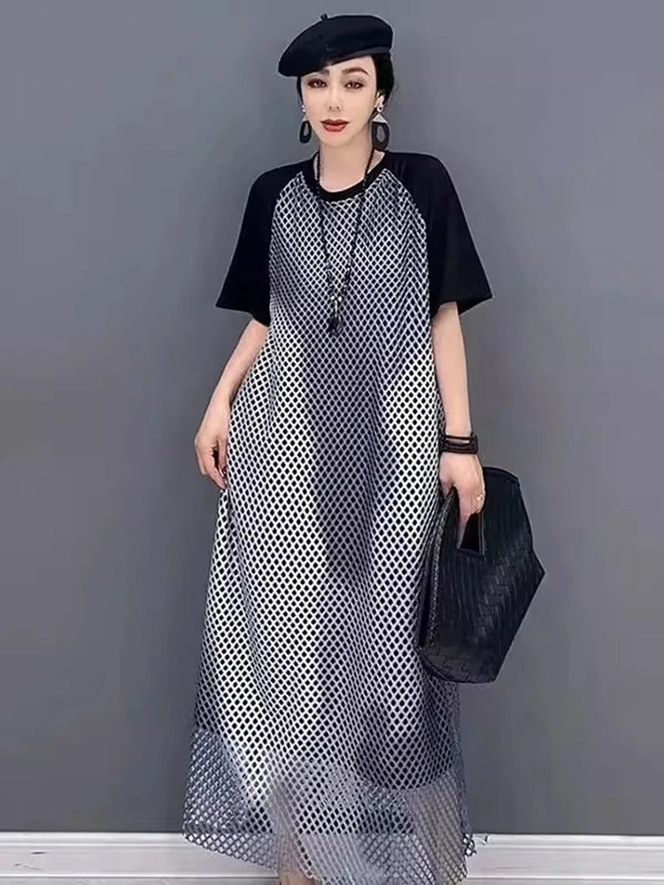 XITAO Hollow Out Patchwork Mesh Grid Dress O-neck Casual Short Sleeve Loose Temperament Pullover Summer Woman Dress ZMY1280