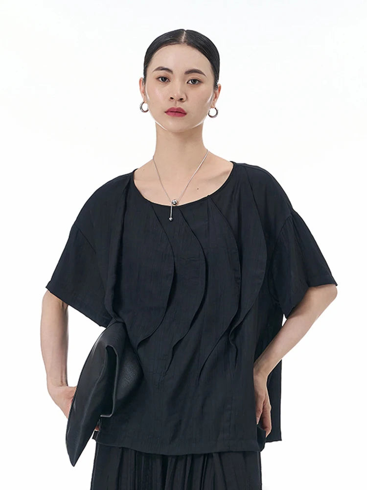 XITAO Irregular T-shirt Three-dimensional Flouncing Patchwork Decorate Solid Color Top 2024 Summer Loose New Women HQQ2334