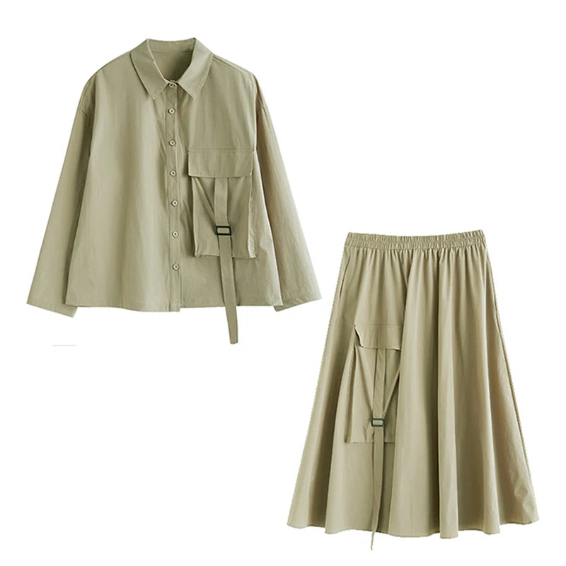 XITAO Single Breasted Pocket Full Sleeve Matching Set Casual Solid Color Elastic Waist Turn-down Collar Female Dress Set GYX1543