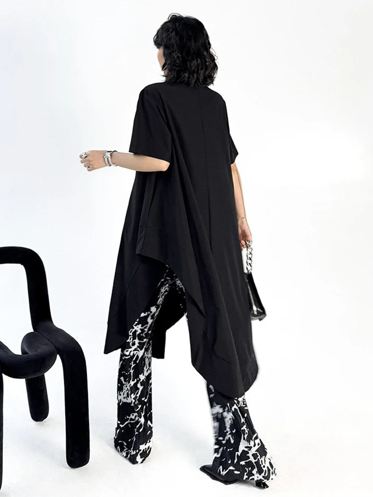 XITAO Asymmetrical Solid Color Patchwork Side Slit Dress Turn-down Collar Loose Casual Simple Slim Summer Woman Dress ZMY1302
