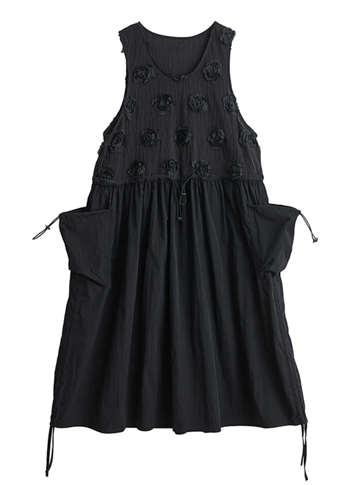 XITAO Pocket Draw String Sleeveless Fenake Dress Three-dimensional Flower Loose O-neck Solid Color Summer Woman Dress ZMY1275