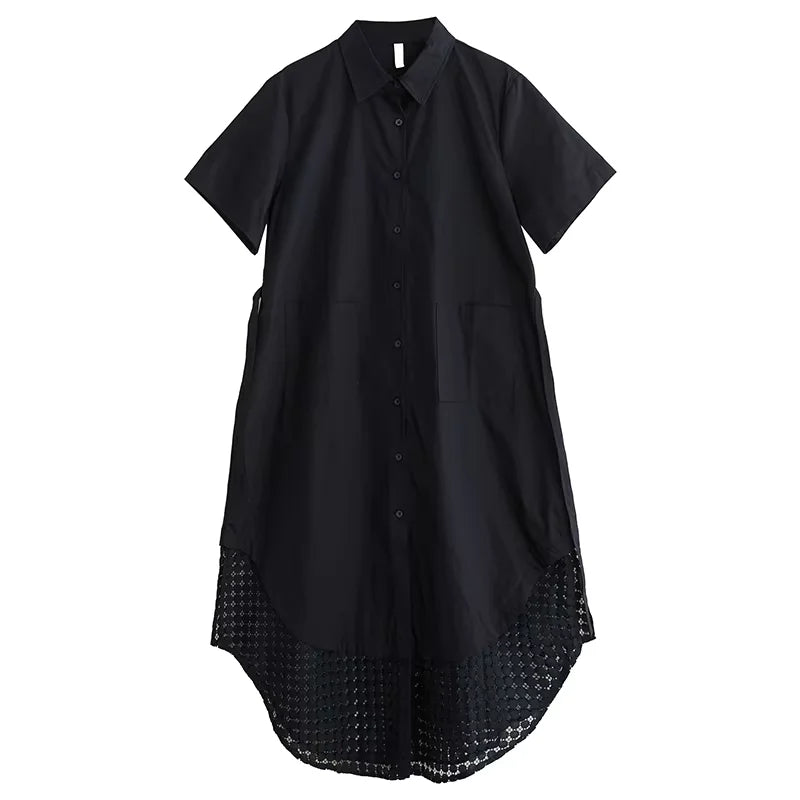 XITAO Pocket Bandage Irregular Female Dress Patchwork Hollow Out Solid Color Loose Slimming Summer Woman Shirt Dress ZMY1237