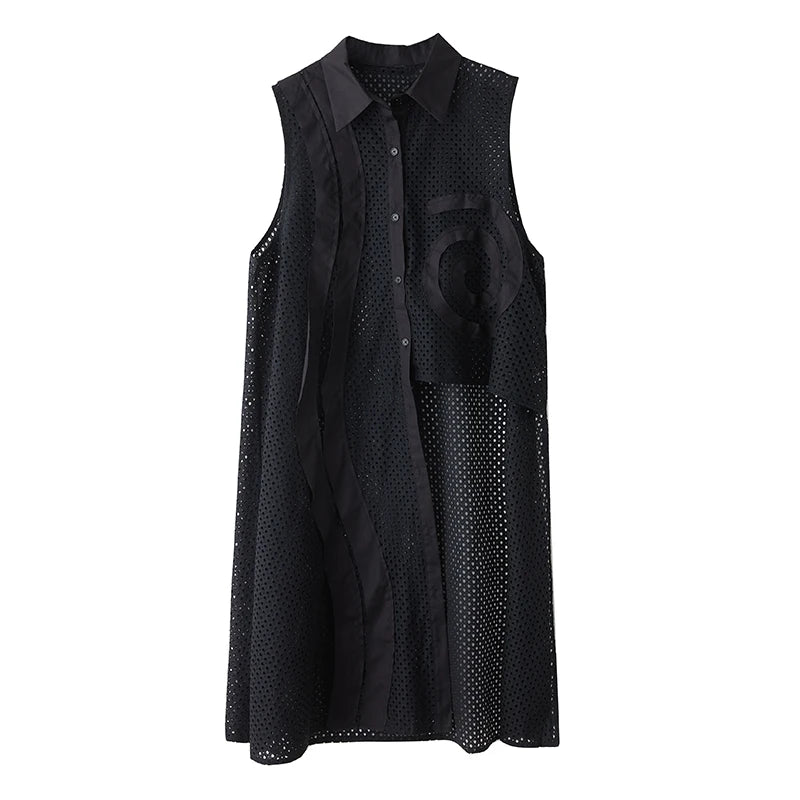 XITAO Mesh Patchwork Asymmetrical Perspective Dress Solid Color Turn-down Collar Single Breasted Sleeveless Casual Dress GYX1561