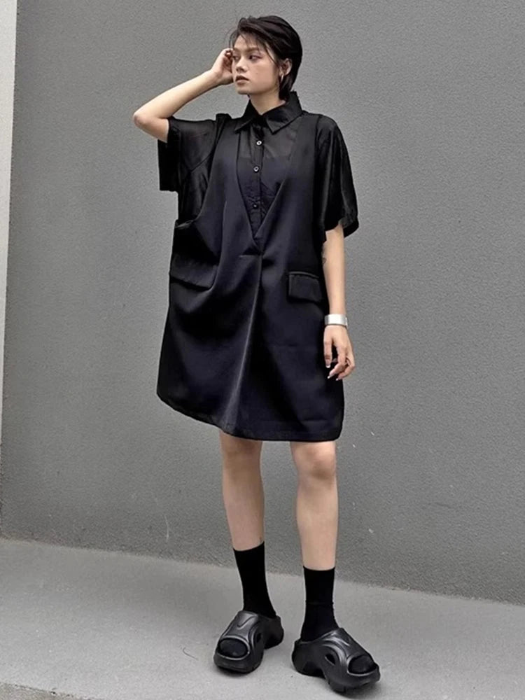 XITAO Pocket Patchwork Dress Solid Color Fake Two Pieces Single Breasted Short Sleeve Temperament Summer Woman Dress ZMY1309