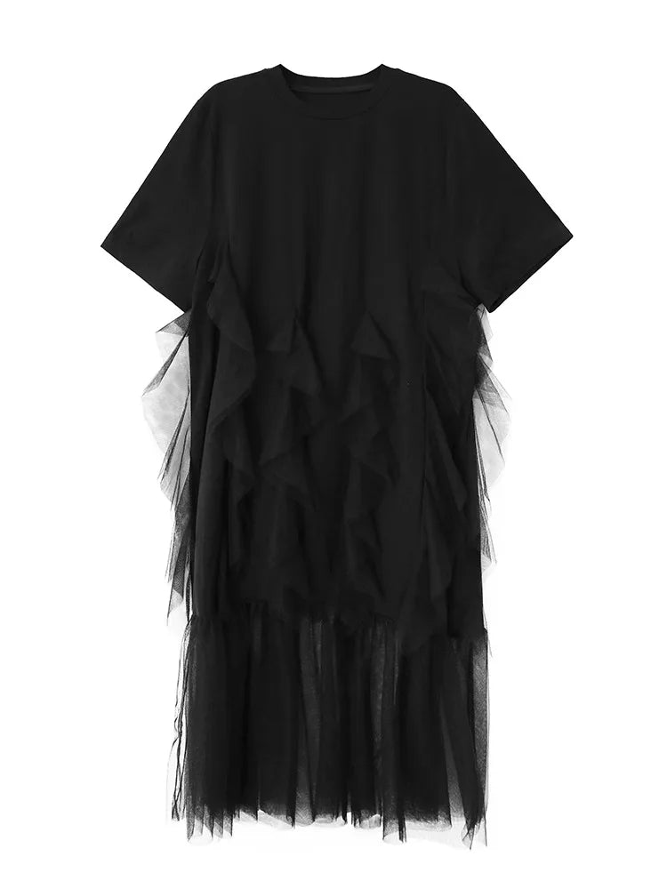 XITAO Irregular Solid Color Loose Dress Patchwork Gauze O-neck Short Sleeve Casual Slimming Simple Summer Woman Dress ZMY1373